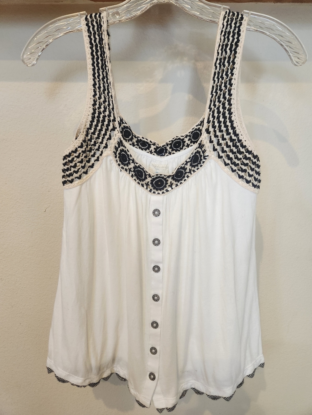 Anthropologie Women's Soft White Tank Top with Black Crochet Trim